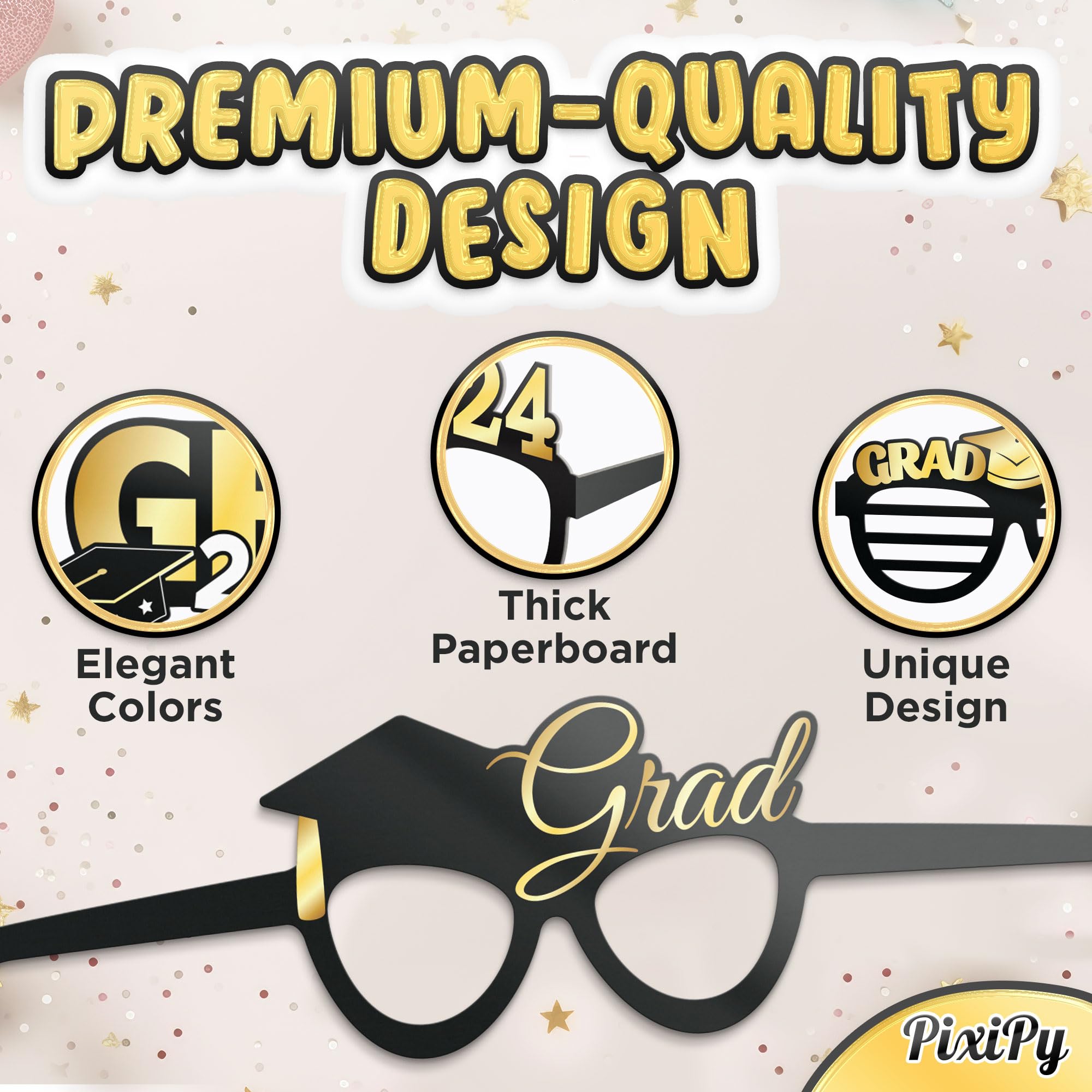 PixiPy 2024 Graduation Photo Booth Props Glasses (20 Pack, Black & Gold), Fun Photo Shoot Party Selfie Accessories for College or High School Senior Grad Celebration