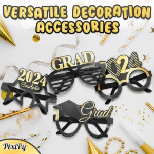 PixiPy 2024 Graduation Photo Booth Props Glasses (20 Pack, Black & Gold), Fun Photo Shoot Party Selfie Accessories for College or High School Senior Grad Celebration