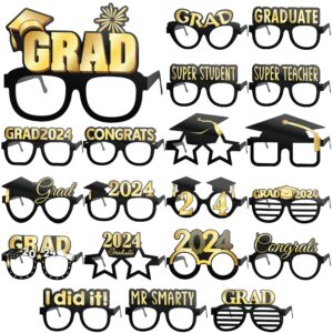 pixipy 2024 graduation photo booth props glasses (20 pack, black & gold), fun photo shoot party selfie accessories for college or high school senior grad celebration