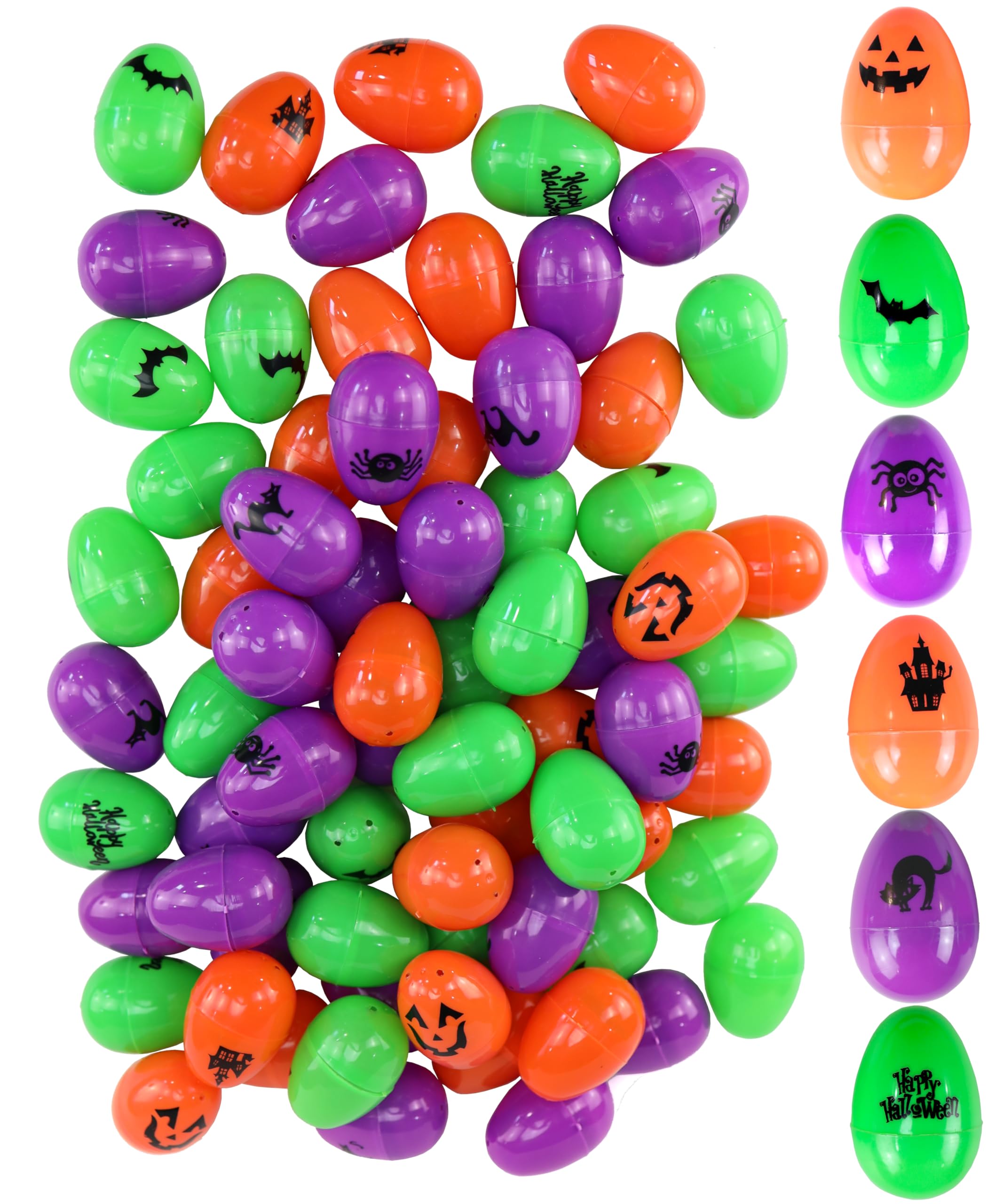 Iconikal 72-Count Halloween Eggs - Durable Plastic Holiday Treat Containers in Orange, Neon Green, and Purple Featuring 6 Different Fun Designs (2.3 x 1.6)