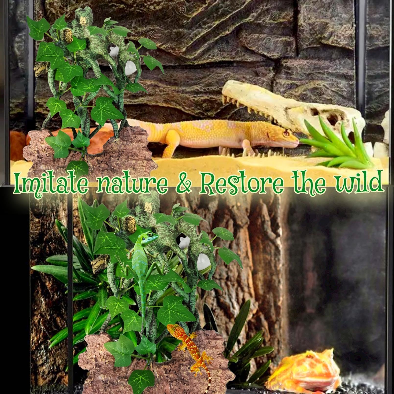 Hamiledyi Reptile Climbing Branch Leaves with Suction Cups Terrarium Plant Decoration Tank Accessories for Amphibian Lizard Bearded Dragons Gecko Snake