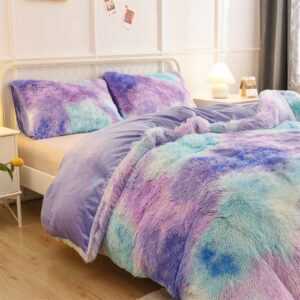 A Nice Night Shaggy Fluffy Faux Fur Duvet Cover Set, Tie Dye Style,Softest, Luxury Ultra Soft Crystal Velvet Bedding Sets, Zipper Closur (Queen, Purple-Blue)