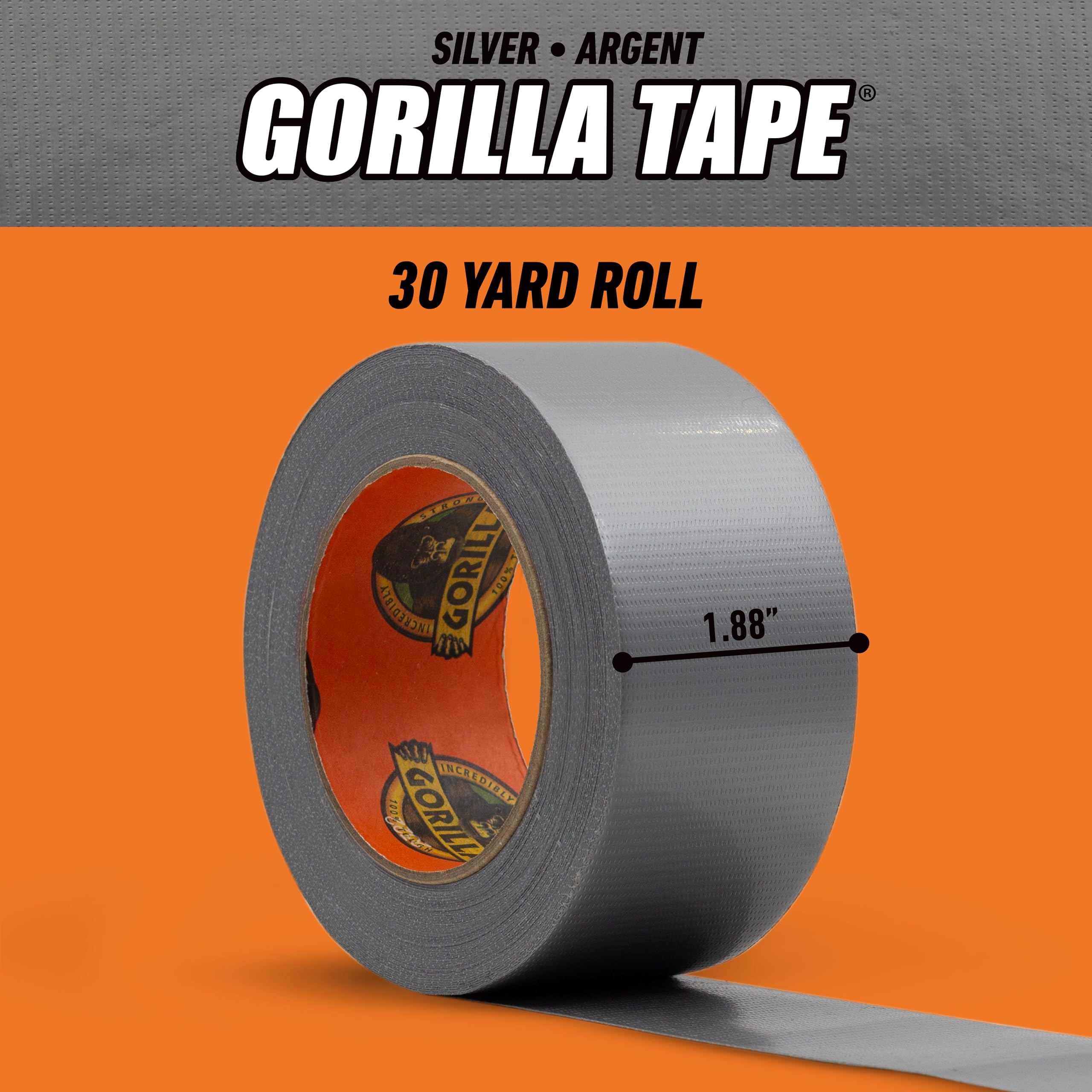 Gorilla Tape, 1.88 in x 30 yd, Silver (Pack of 1) - Duct, Utility, Triple Layer Strength, Indoor & Outdoor, Weather Resistant Shell