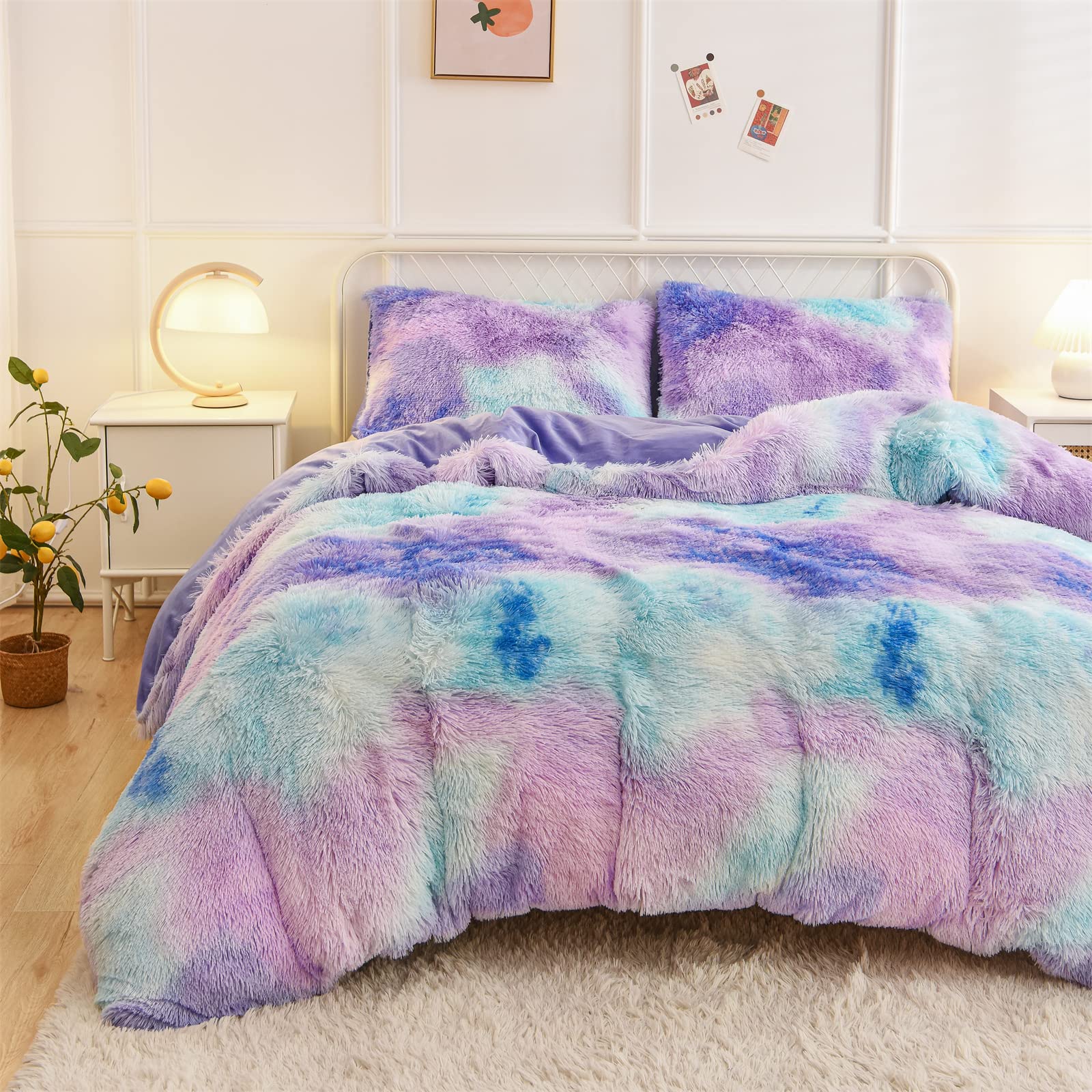 A Nice Night Shaggy Fluffy Faux Fur Duvet Cover Set, Tie Dye Style,Softest, Luxury Ultra Soft Crystal Velvet Bedding Sets, Zipper Closur (Queen, Purple-Blue)