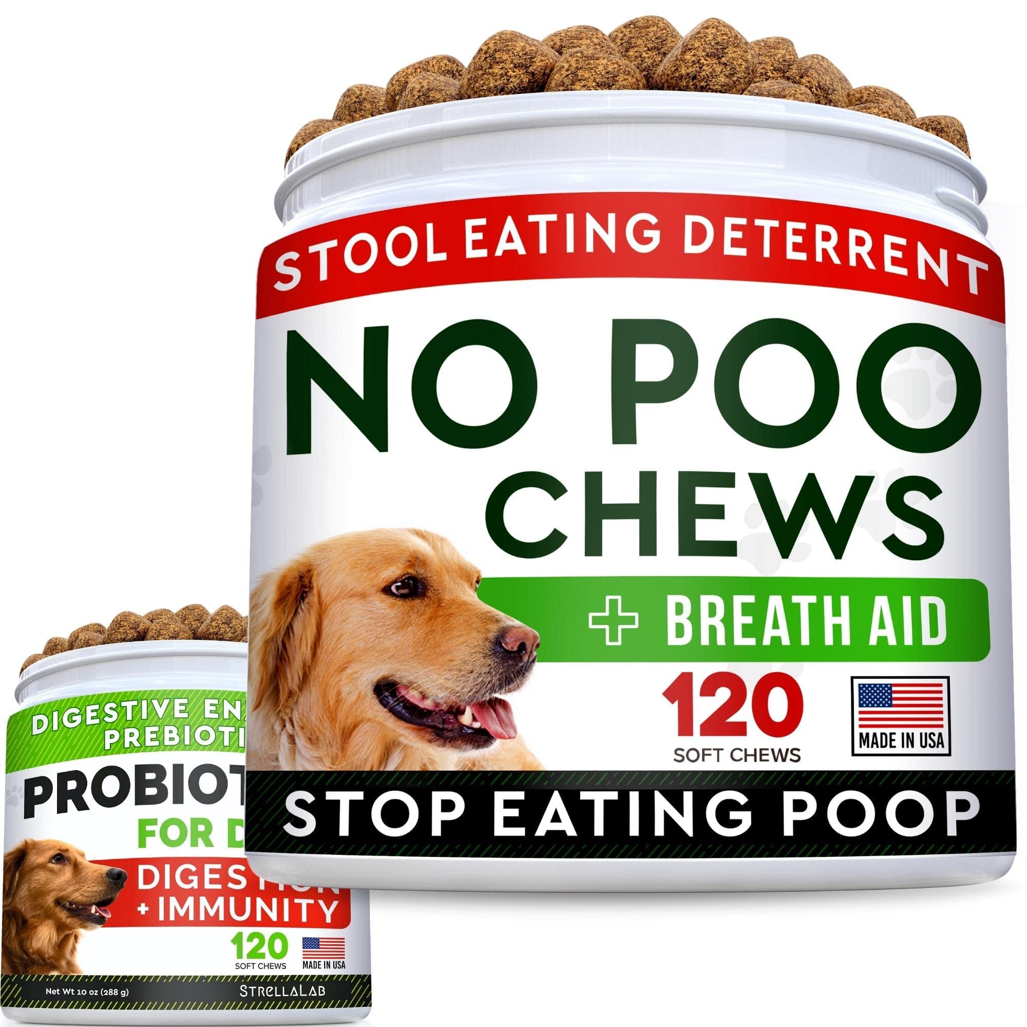 No Poo Treats + Dog Probiotics for Picky Eaters Bundle - No Poop Eating for Dogs + Chewable Fiber Supplement - Digestive Enzymes + Prebiotics - Coprophagia Stool Eating Deterrent + Improve Immunity