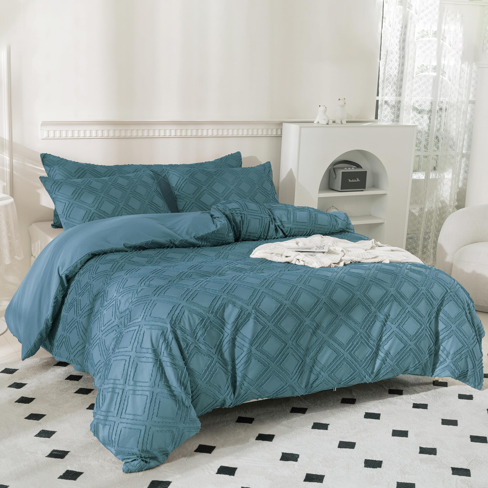 JELLYMONI King Size Grayish Blue Microfiber Tufted Duvet Cover Set, Boho Textured Jacquard Rhombus Geometric Pattern Duvet Cover with Corner Ties & Zipper Closure