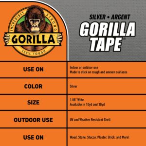 Gorilla Tape, 1.88 in x 30 yd, Silver (Pack of 1) - Duct, Utility, Triple Layer Strength, Indoor & Outdoor, Weather Resistant Shell