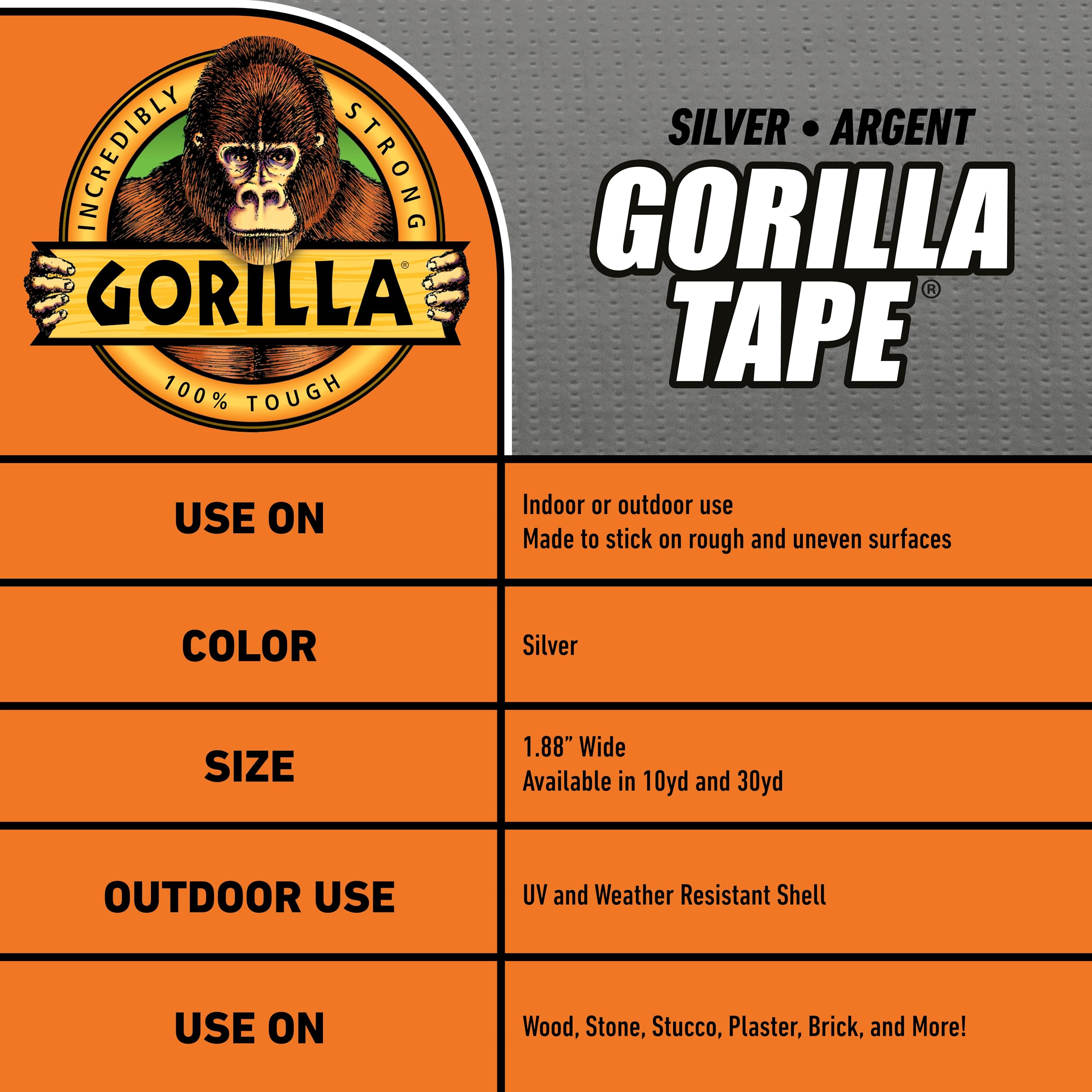 Gorilla Tape, 1.88 in x 30 yd, Silver (Pack of 1) - Duct, Utility, Triple Layer Strength, Indoor & Outdoor, Weather Resistant Shell