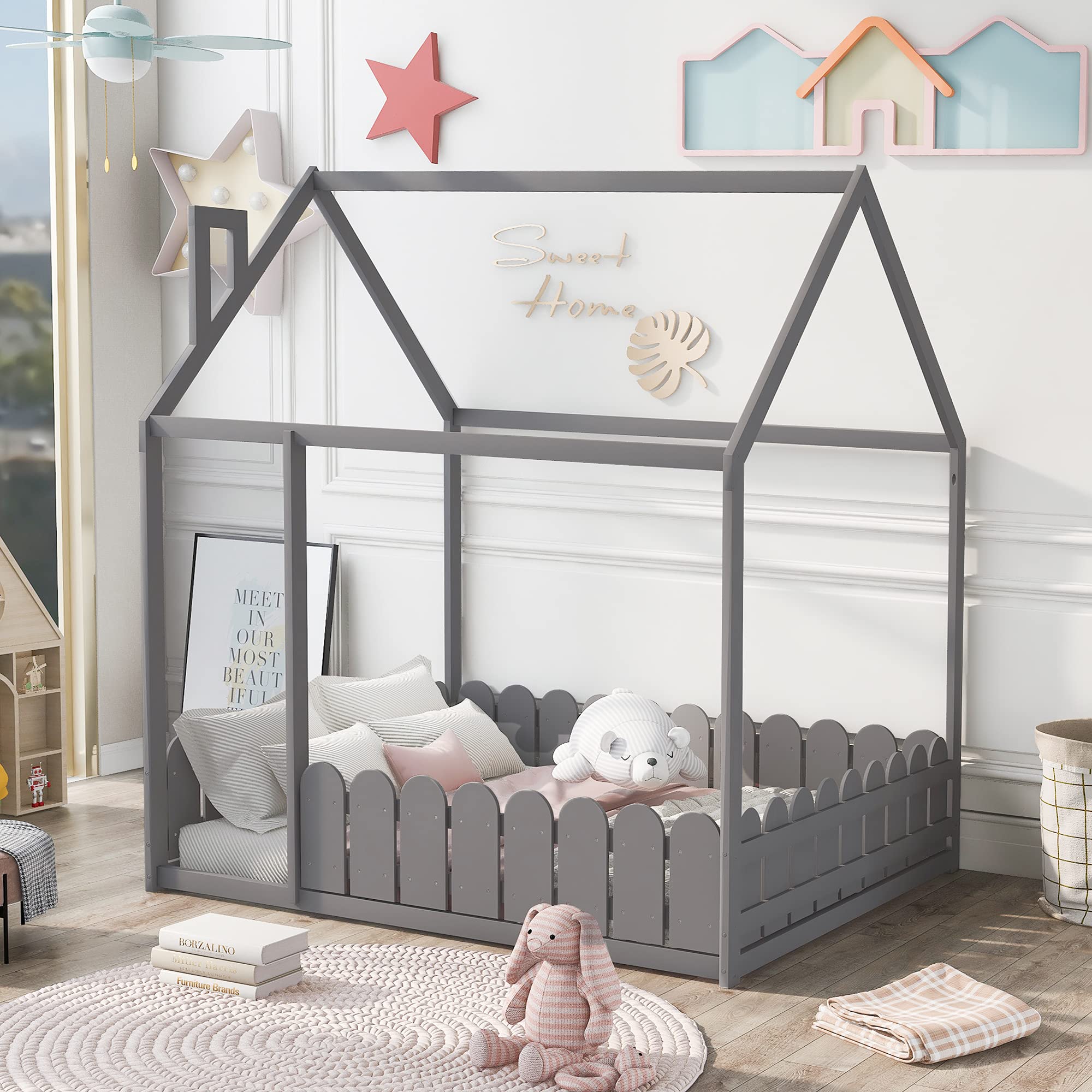 MERITLINE House Bed Full Size Playhouse Bed Frame with Roof Full Kids Bed for Girls Boys, Box Spring Needed, Grey