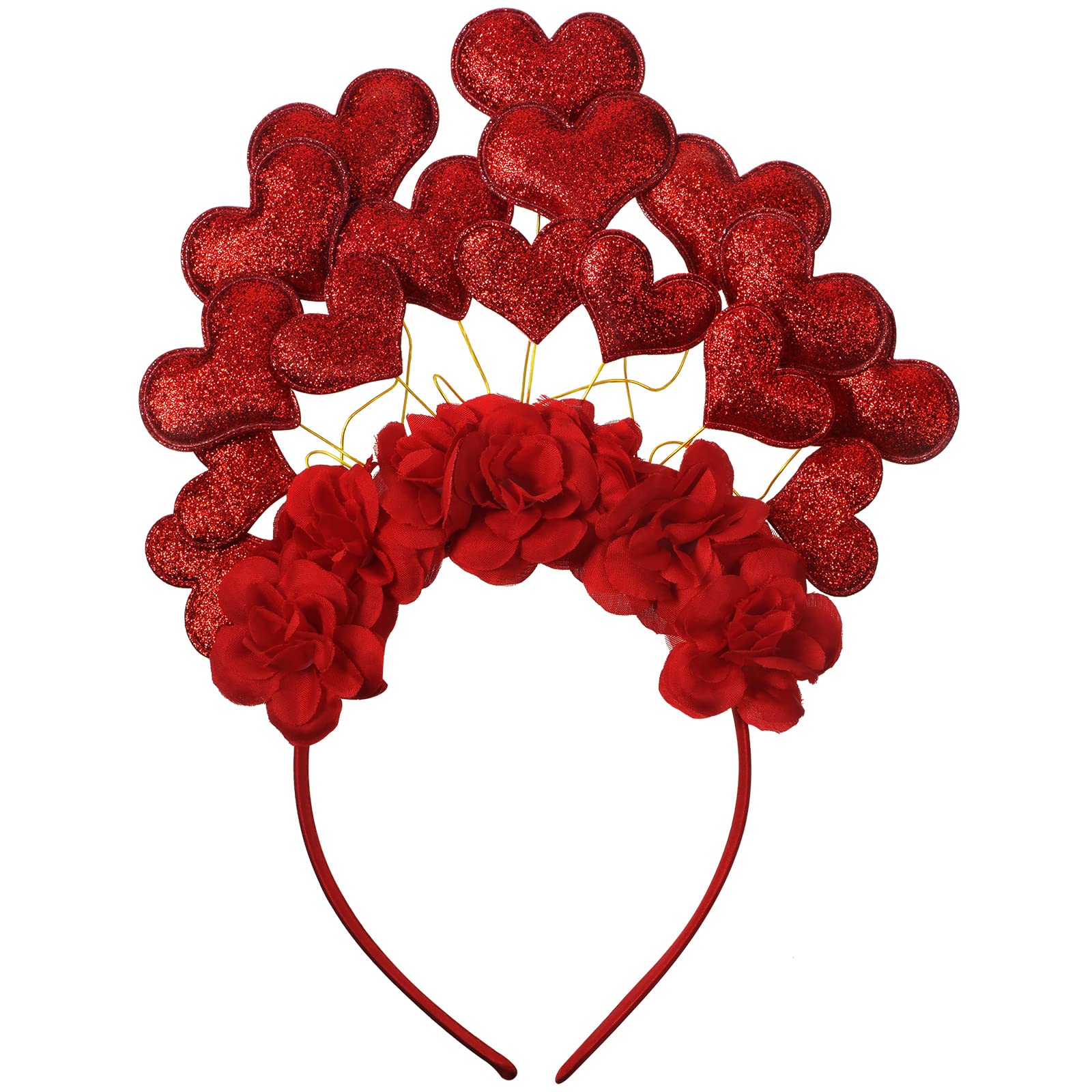 Chuangdi Valentines Day Heart Headband for Women Floral Rose Boppers Red Shiny Heart Crown for Valentine Wedding Bridal Party