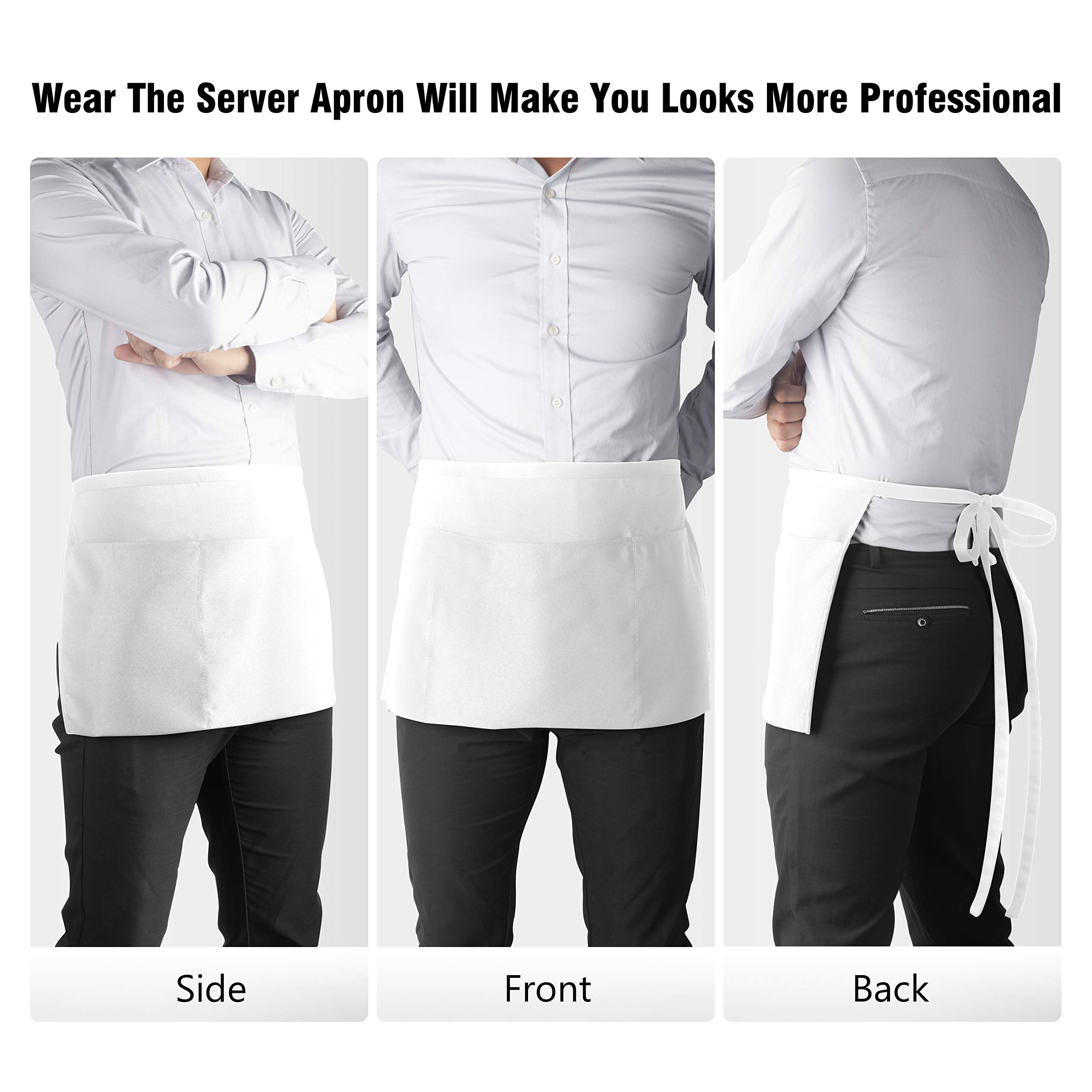 Xornis 1 Pack Waist Aprons with 3 Pockets Waitress Server Waiter Half Short, White