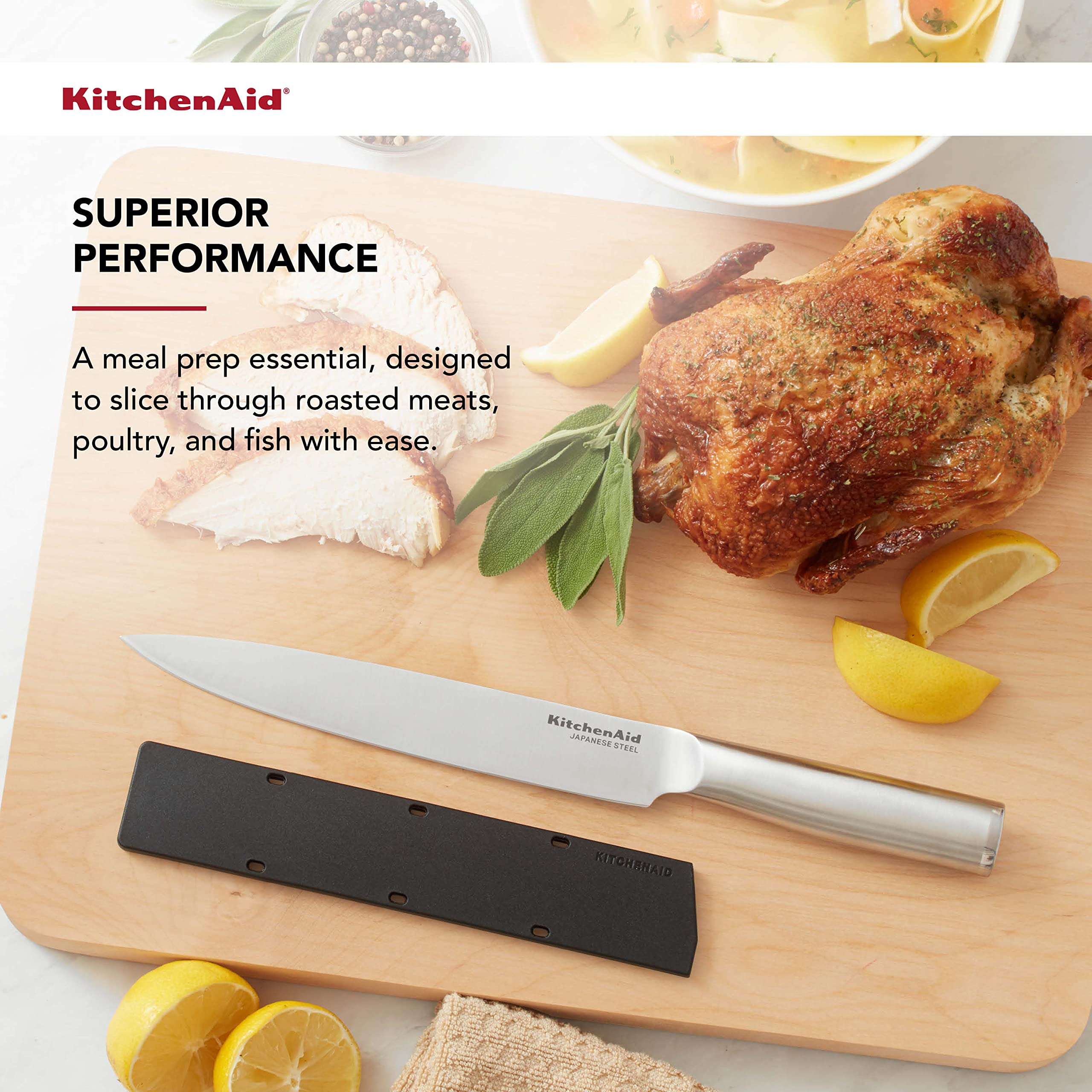 KitchenAid Gourmet Forged Stainless Steel Slicer Knife with Custom-Fit Blade Cover, 8-inch, Sharp Kitchen Knife, High-Carbon Japanese Stainless Steel Blade, Brushed Stainless Steel Handle