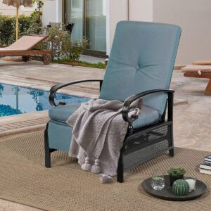 Omelaza Adjustable Outdoor Lounge Chair with Removable Cushions - Metal Recliner Sofa for Patio, Garden, Poolside - Peacock Blue