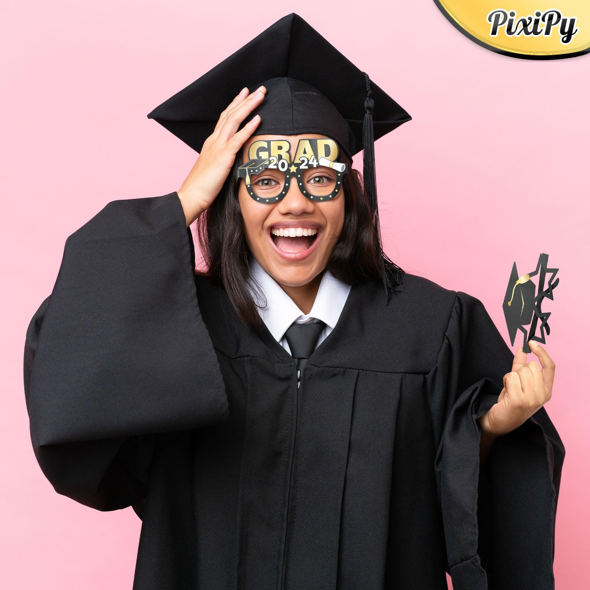 PixiPy 2024 Graduation Photo Booth Props Glasses (20 Pack, Black & Gold), Fun Photo Shoot Party Selfie Accessories for College or High School Senior Grad Celebration