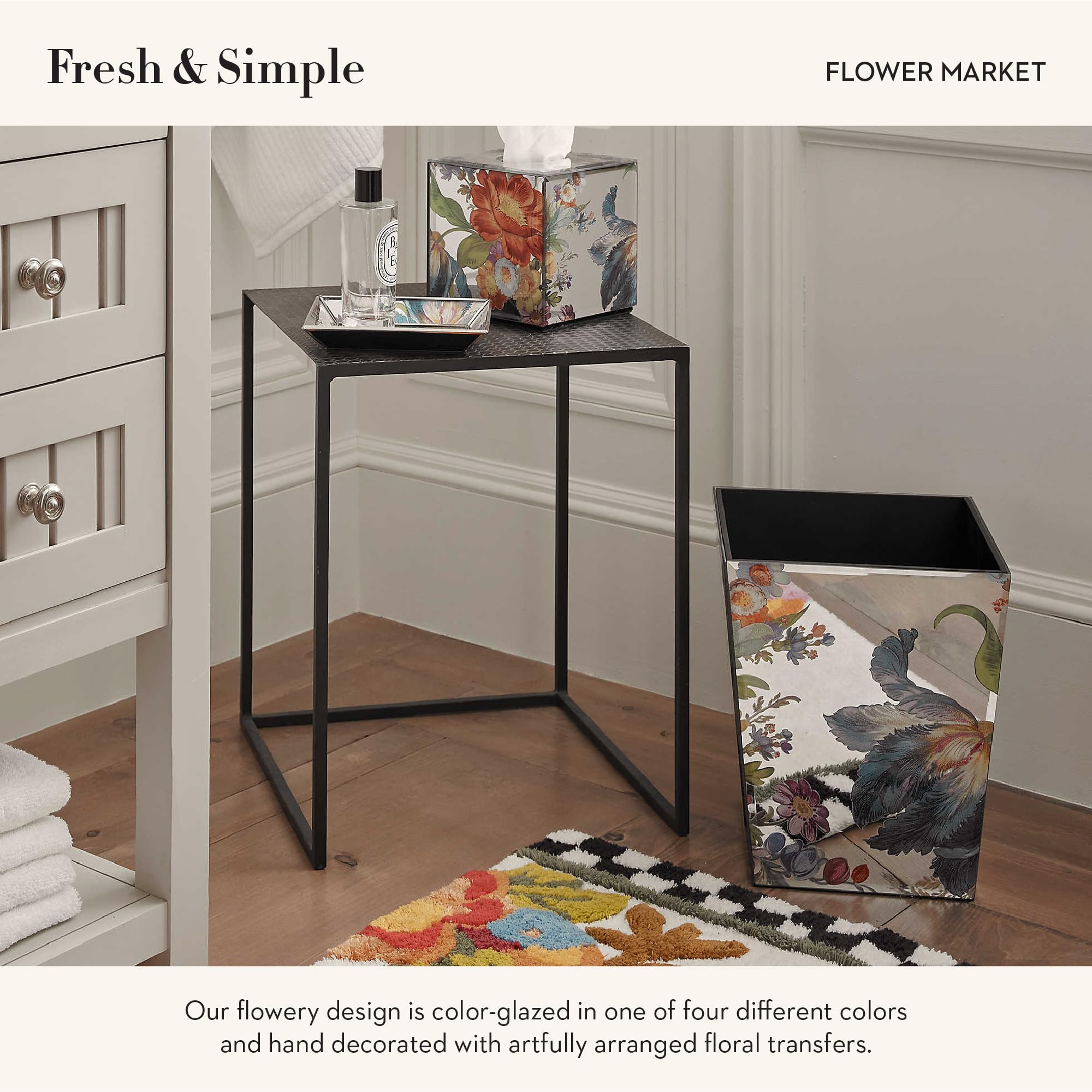 MACKENZIE-CHILDS Waste Bin, Decorative Bedroom Trash Can or Bathroom Trash Can, Flower Market Reflections