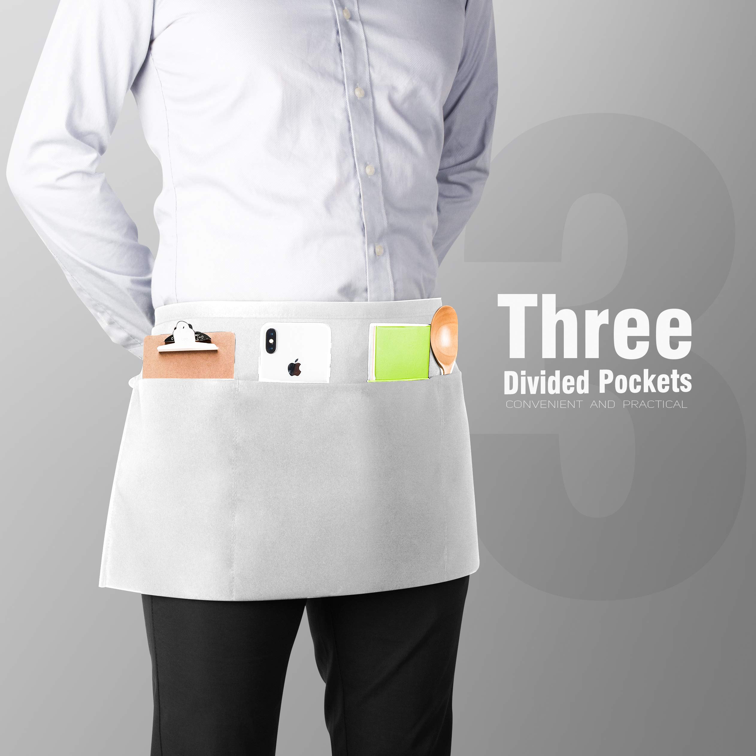 Xornis 1 Pack Waist Aprons with 3 Pockets Waitress Server Waiter Half Short, White