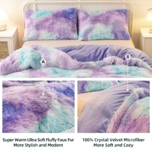 A Nice Night Shaggy Fluffy Faux Fur Duvet Cover Set, Tie Dye Style,Softest, Luxury Ultra Soft Crystal Velvet Bedding Sets, Zipper Closur (Queen, Purple-Blue)