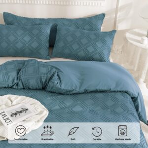 JELLYMONI King Size Grayish Blue Microfiber Tufted Duvet Cover Set, Boho Textured Jacquard Rhombus Geometric Pattern Duvet Cover with Corner Ties & Zipper Closure