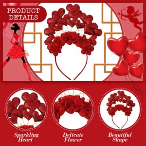 Chuangdi Valentines Day Heart Headband for Women Floral Rose Boppers Red Shiny Heart Crown for Valentine Wedding Bridal Party