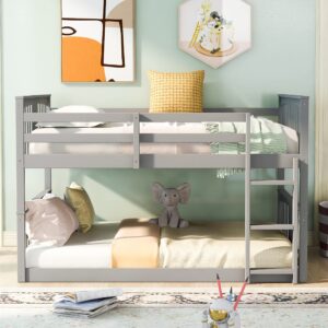 Harper & Bright Designs Full Over Full Low Bunk Bed with Headboard and Footboard, Wooden Bunk Bed with Ladder, for Toddlers Kids Boys Girls - Gray