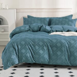 jellymoni king size grayish blue microfiber tufted duvet cover set, boho textured jacquard rhombus geometric pattern duvet cover with corner ties & zipper closure