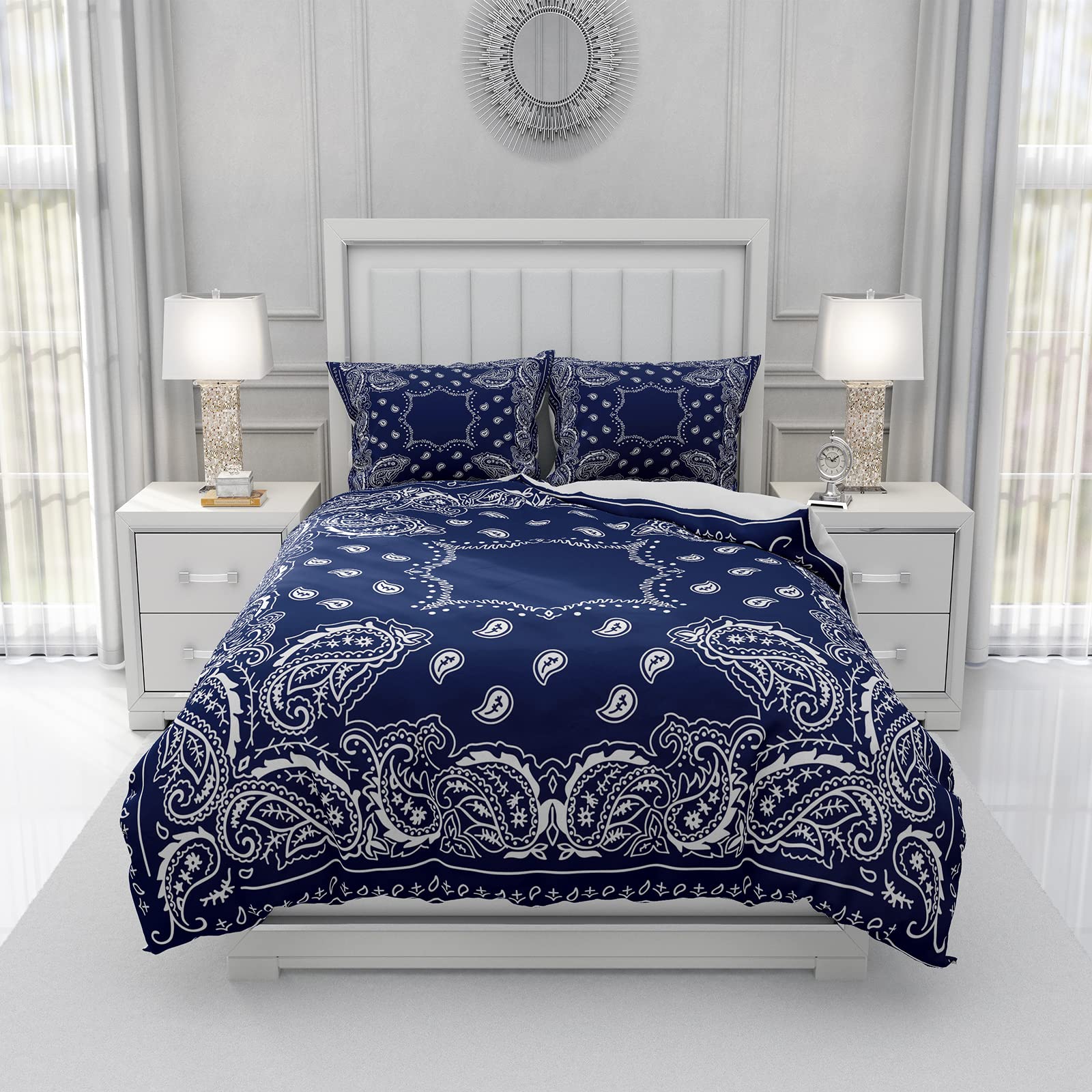 MAIJIEDUO Boho Bandana in Blue Bedding Sets 3 Piece Duvet Cover Breathable Quilt Cover with 2 Pillowslips for Guest Room School Dormitory Bedding Sets Lining (Queen 90'' X 90'')