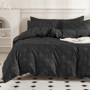 jellymoni duvet cover queen size - black microfiber tufted duvet cover set, boho textured duvet cover jacquard rhombus geometric pattern duvet cover with corner ties & zipper closure