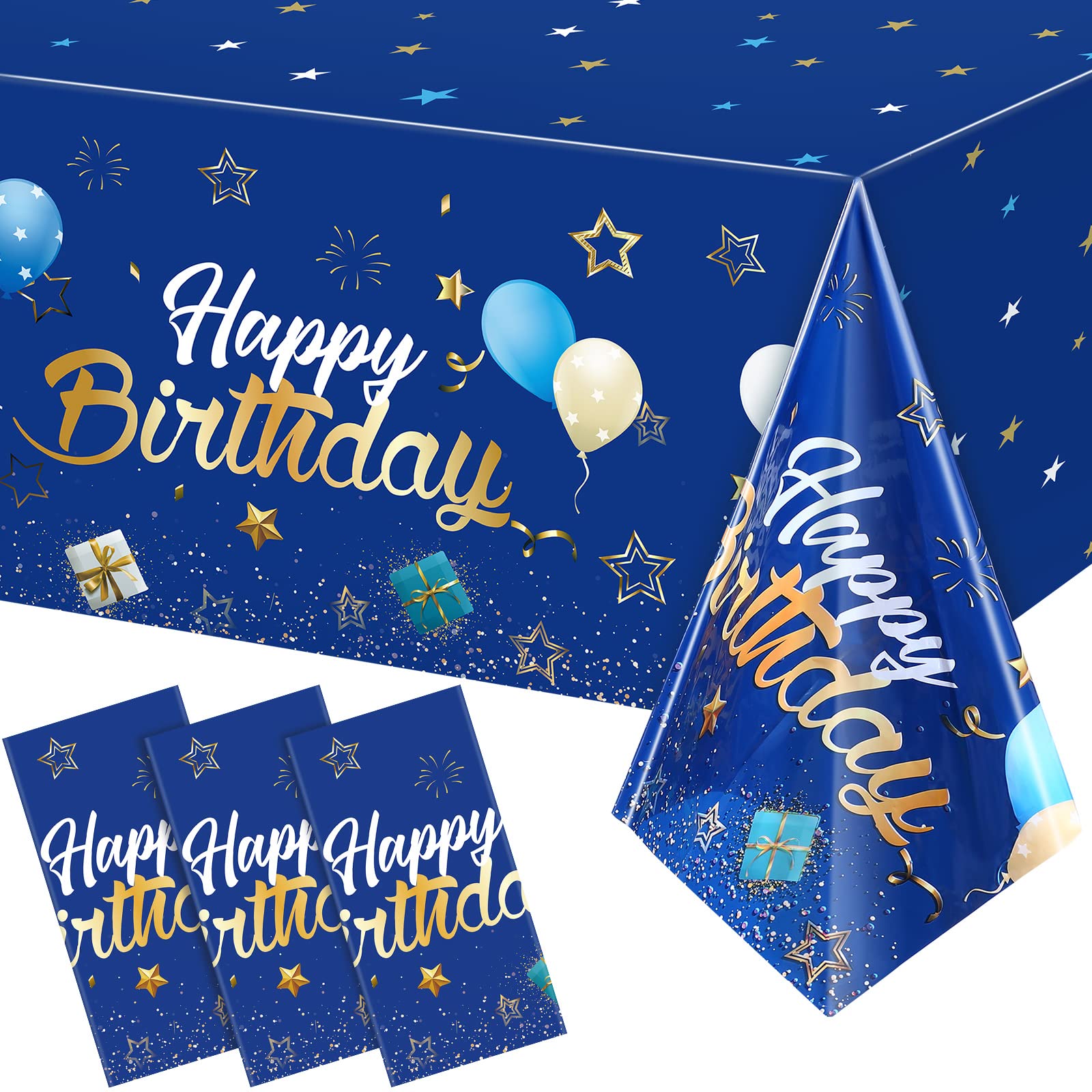 Tegeme Navy Blue Party Supplies Blue Stars Happy Birthday Tablecloths Blue Starry Confetti Table Covers for Kids Boys Girls Baby Shower Birthday Party Decorations (Navy Blue and Gold, 3 Pack)