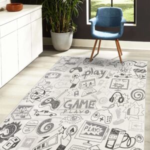 Ambesonne Video Games Decorative Rug, Monochrome Sketch Gaming Design Racing Monitor Device Gadget Teen 90's, Quality Carpet for Bedroom Dorm and Living Room, 4' X 5' 5", Pale Grey