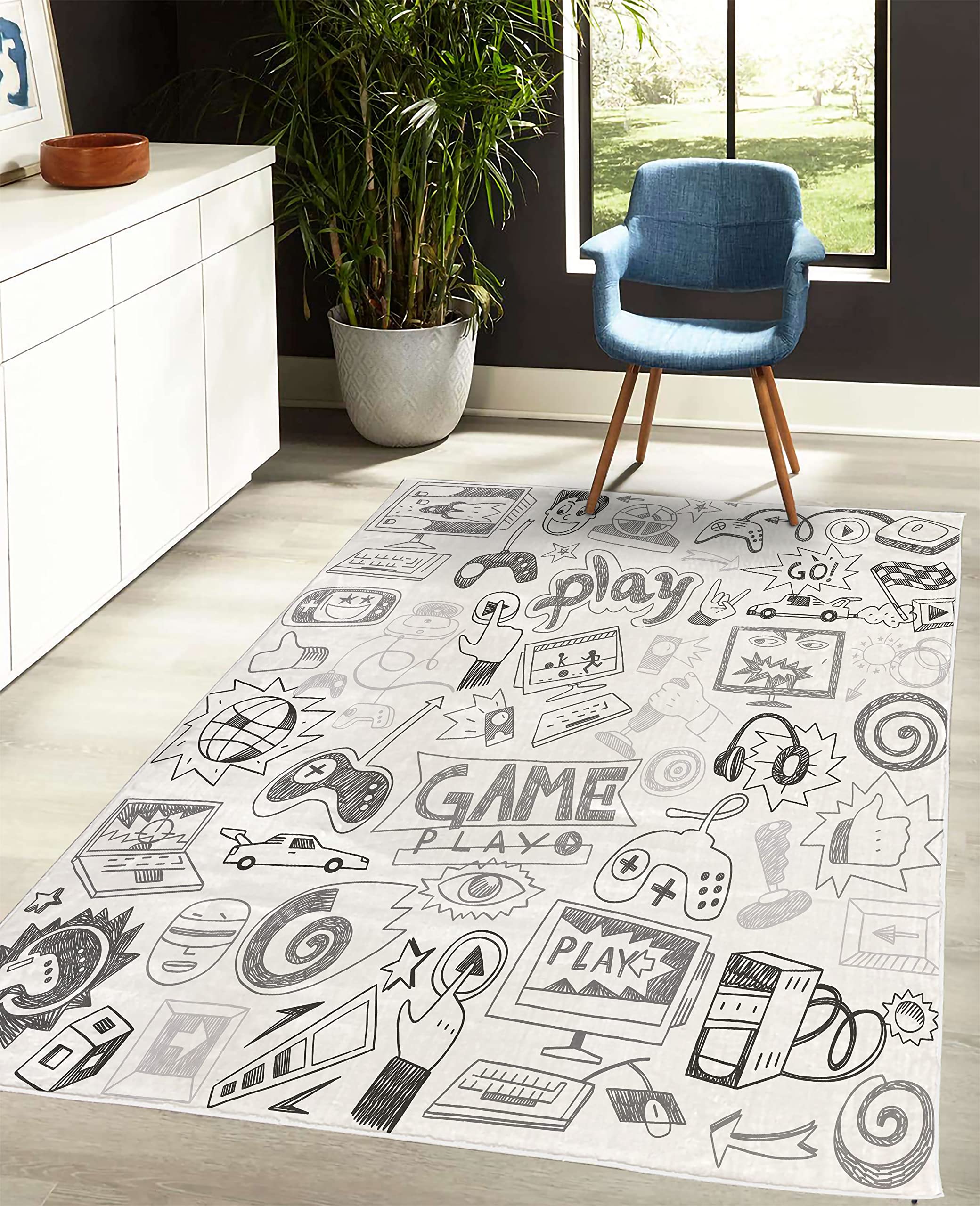 Ambesonne Video Games Decorative Rug, Monochrome Sketch Gaming Design Racing Monitor Device Gadget Teen 90's, Quality Carpet for Bedroom Dorm and Living Room, 4' X 5' 5", Pale Grey