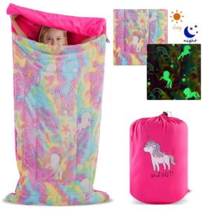 unicorn and rainbow plush glow in the dark sleeping bag with storage bag and unicorn charm - large, soft, durable, warm - unicorn gift for sleepovers