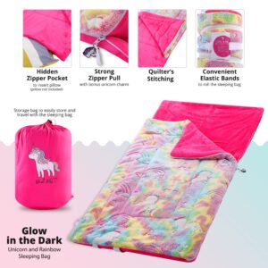 Unicorn and Rainbow Plush Glow in The Dark Sleeping Bag with Storage Bag and Unicorn Charm - Large, Soft, Durable, Warm - Unicorn Gift for Sleepovers