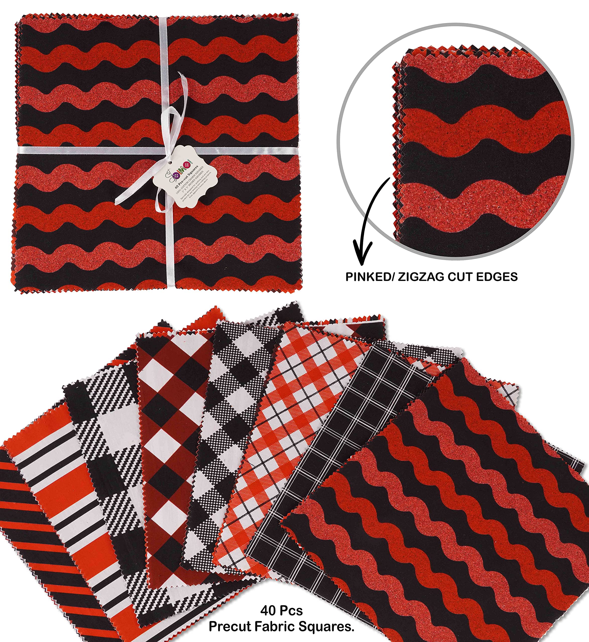 Soimoi Checks & Stripes Print Precut 5-inch Cotton Fabric Quilting Squares Charm Pack DIY Patchwork Sewing Craft- Red & Black