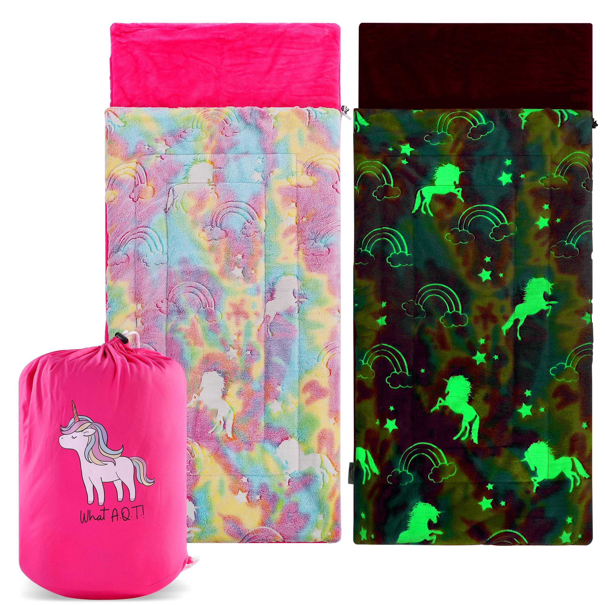 Unicorn and Rainbow Plush Glow in The Dark Sleeping Bag with Storage Bag and Unicorn Charm - Large, Soft, Durable, Warm - Unicorn Gift for Sleepovers