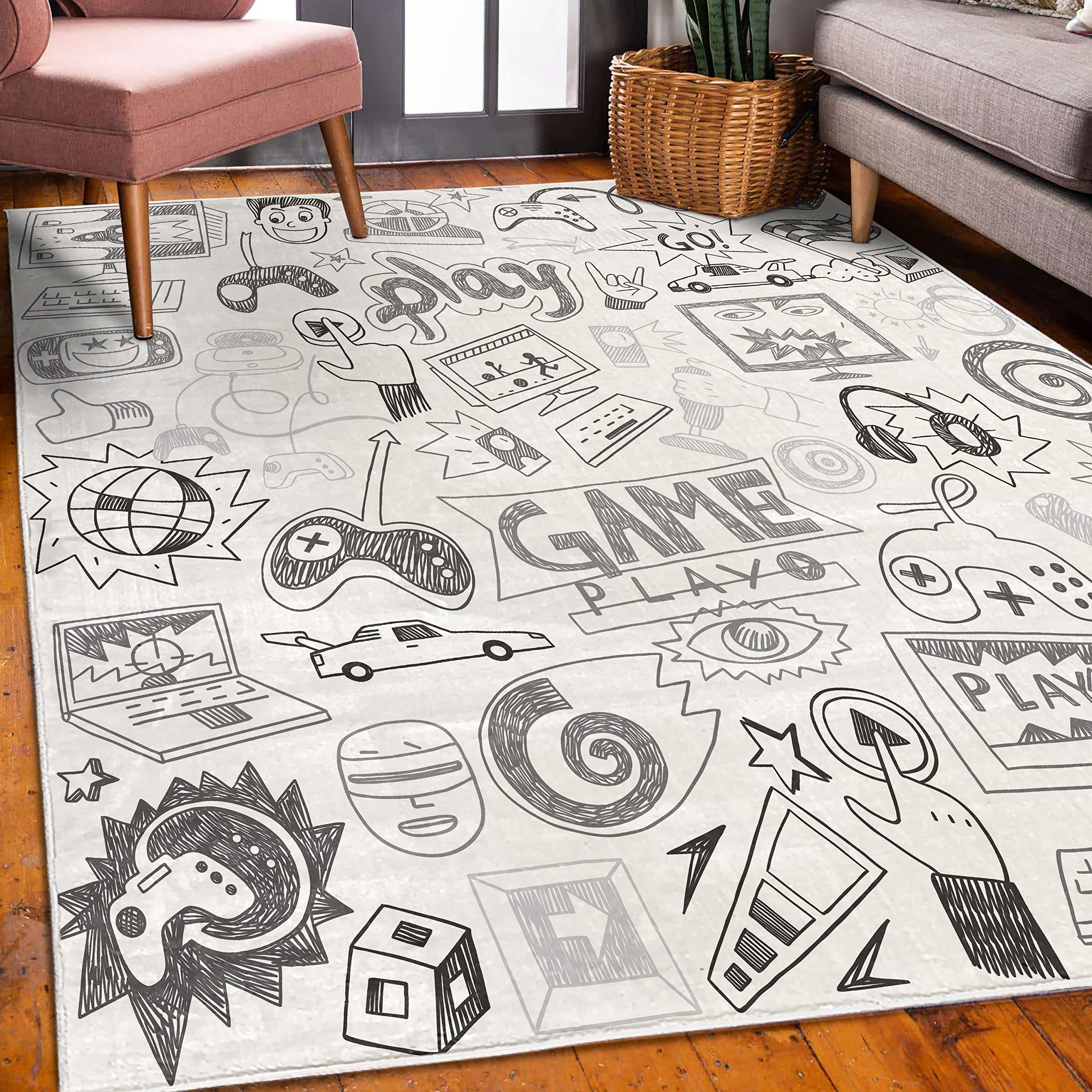 Ambesonne Video Games Decorative Rug, Monochrome Sketch Gaming Design Racing Monitor Device Gadget Teen 90's, Quality Carpet for Bedroom Dorm and Living Room, 4' X 5' 5", Pale Grey