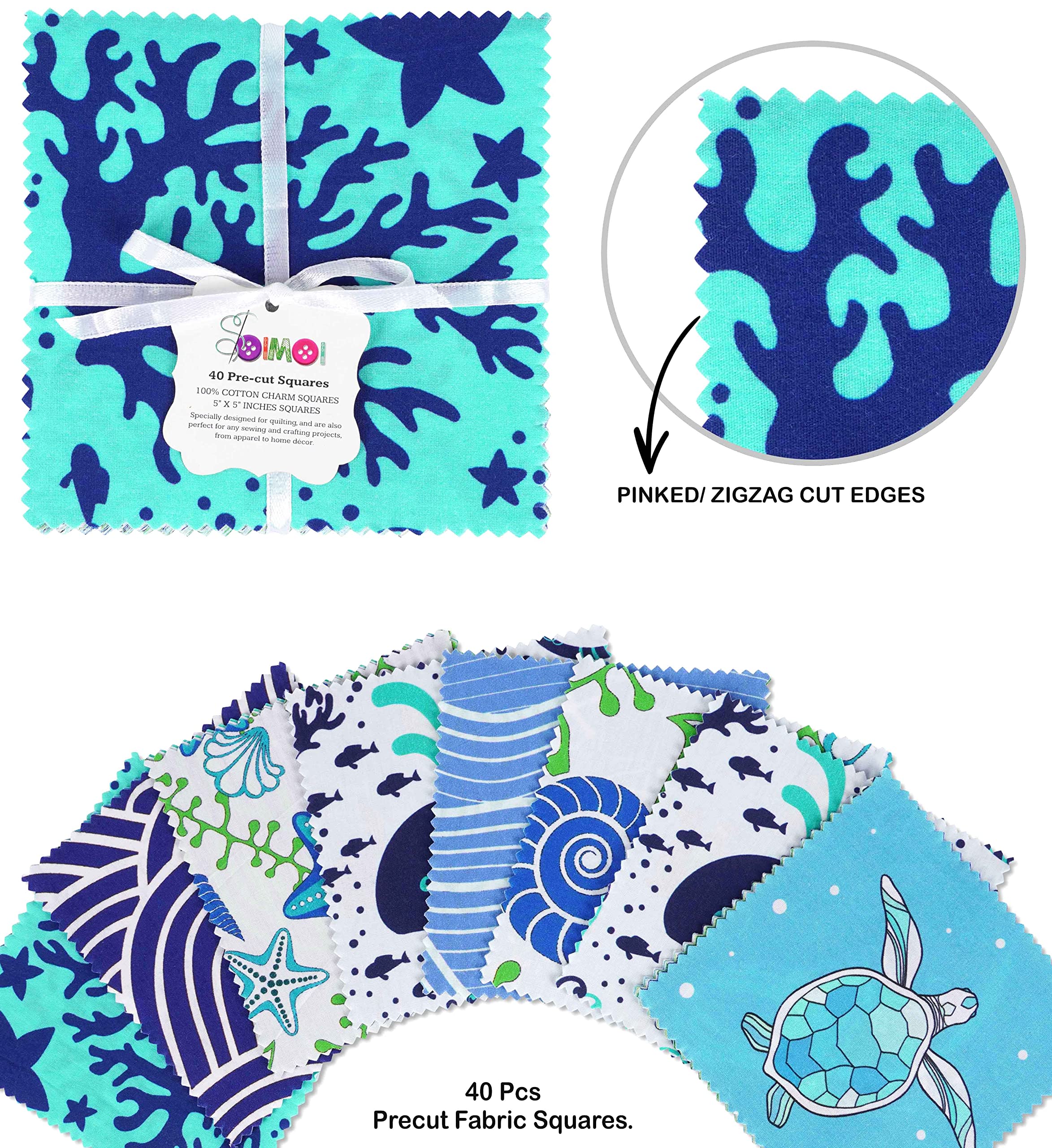 Soimoi Beach Ocean Print Precut 5-inch Cotton Fabric Quilting Squares Charm Pack DIY Patchwork Sewing Craft- Blue