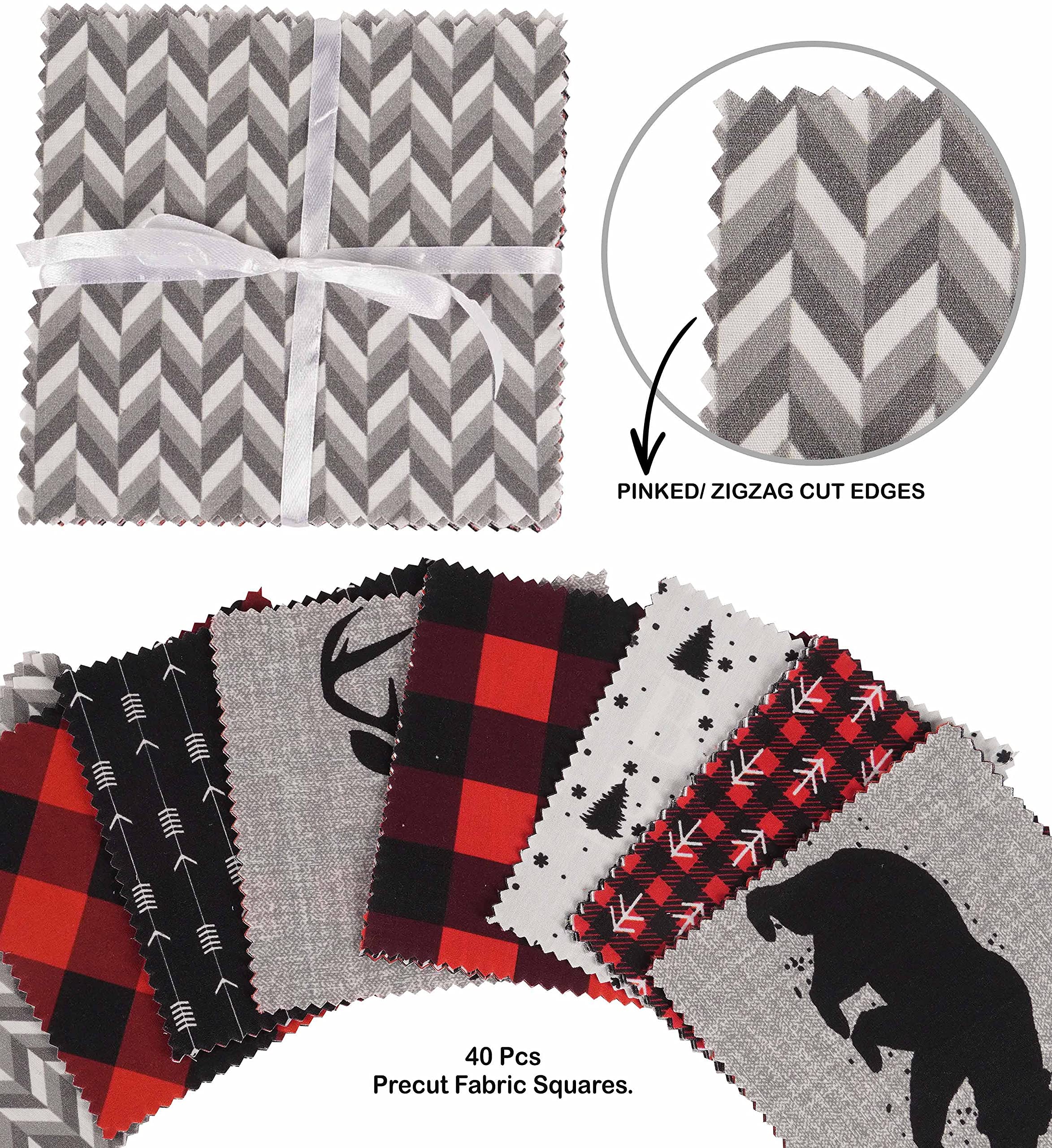 Soimoi Lumberjack Theme Print Precut 5-inch Cotton Fabric Quilting Squares Charm Pack DIY Patchwork Sewing Craft- Red & Black