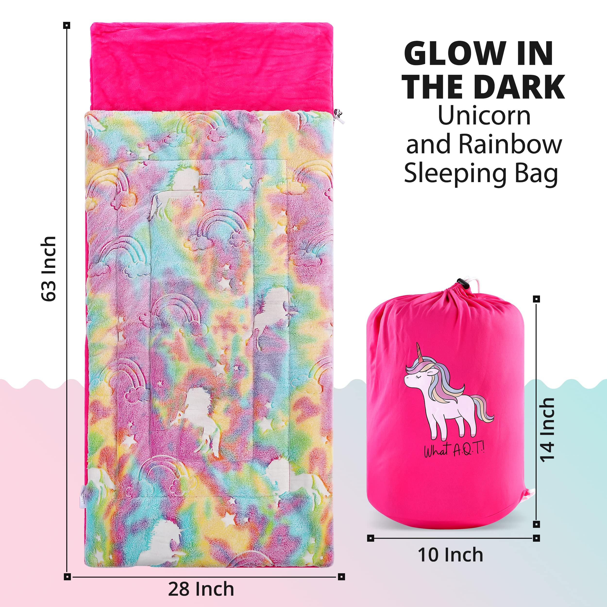 Unicorn and Rainbow Plush Glow in The Dark Sleeping Bag with Storage Bag and Unicorn Charm - Large, Soft, Durable, Warm - Unicorn Gift for Sleepovers