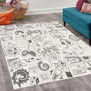 Ambesonne Video Games Decorative Rug, Monochrome Sketch Gaming Design Racing Monitor Device Gadget Teen 90's, Quality Carpet for Bedroom Dorm and Living Room, 4' X 5' 5", Pale Grey