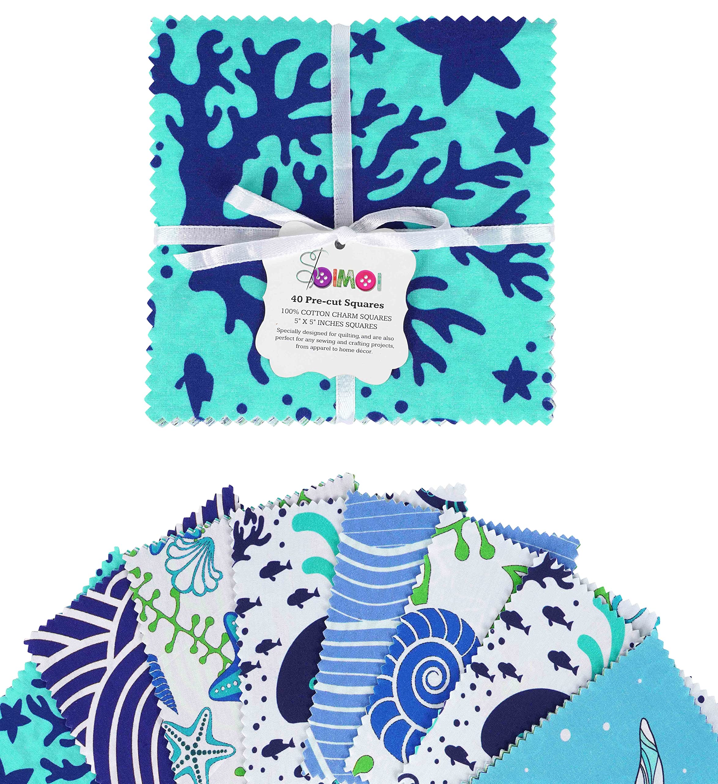 Soimoi Beach Ocean Print Precut 5-inch Cotton Fabric Quilting Squares Charm Pack DIY Patchwork Sewing Craft- Blue