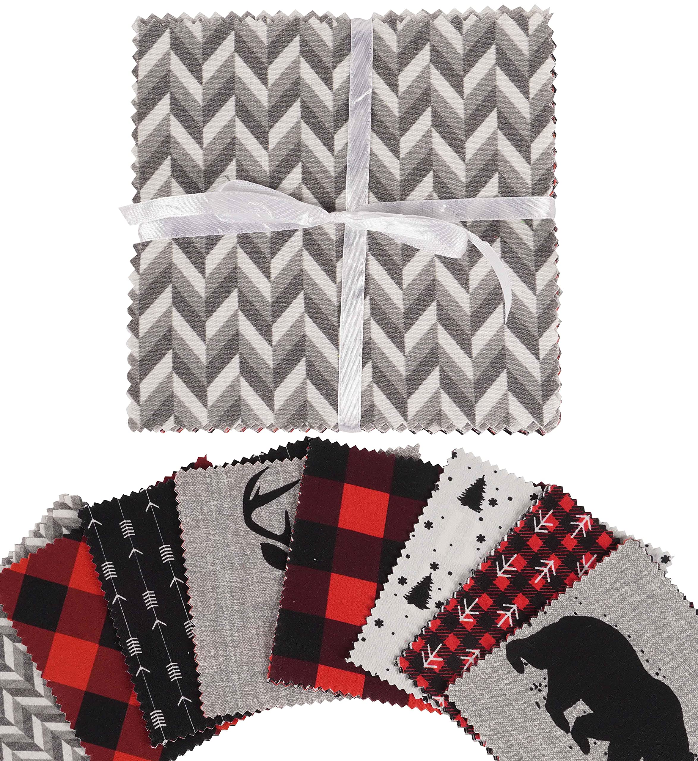 Soimoi Lumberjack Theme Print Precut 5-inch Cotton Fabric Quilting Squares Charm Pack DIY Patchwork Sewing Craft- Red & Black