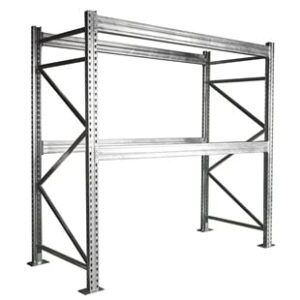 shelving inc. 48"d x 144"w x 96"h - 2-tier galvanized teardrop pallet rack starter unit, no decking, 6-1/2"h beams, weight capacity 7160lbs per level