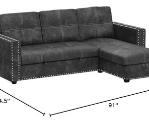 Morden Fort Sectional Sleeper Sofa with Pull Out Bed Storage, Queen Size 91 inches Sofa Bed, L-Shape Sectional Couch with Comfy Chaise Seat Sectional Sleeper Couch for Living Room, Black