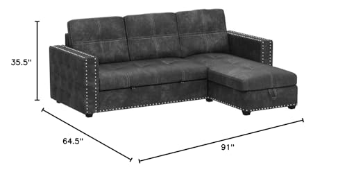 Morden Fort Sectional Sleeper Sofa with Pull Out Bed Storage, Queen Size 91 inches Sofa Bed, L-Shape Sectional Couch with Comfy Chaise Seat Sectional Sleeper Couch for Living Room, Black