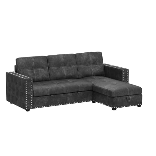 Morden Fort Sectional Sleeper Sofa with Pull Out Bed Storage, Queen Size 91 inches Sofa Bed, L-Shape Sectional Couch with Comfy Chaise Seat Sectional Sleeper Couch for Living Room, Black