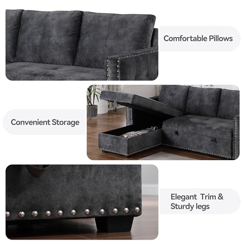 Morden Fort Sectional Sleeper Sofa with Pull Out Bed Storage, Queen Size 91 inches Sofa Bed, L-Shape Sectional Couch with Comfy Chaise Seat Sectional Sleeper Couch for Living Room, Black