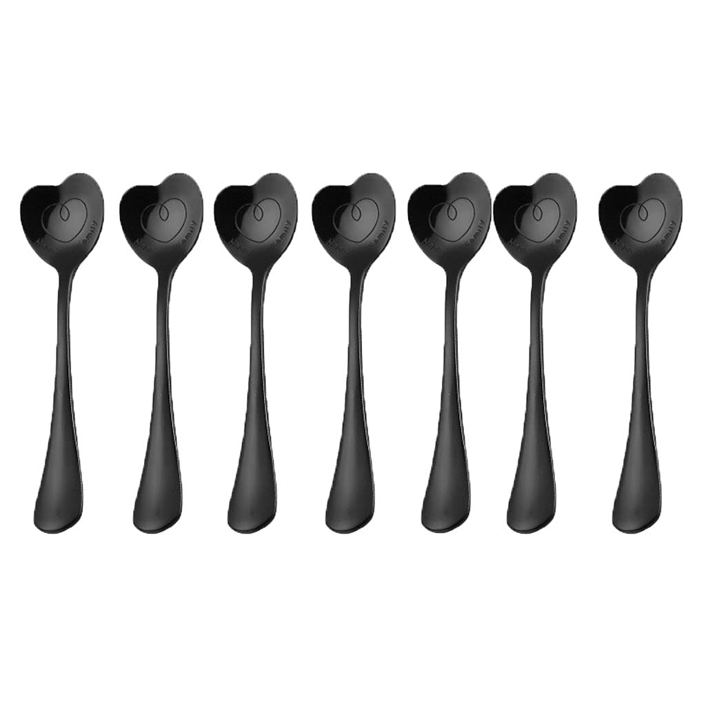 7 PCS Stainless Steel Spoon, Heart Shaped Spoons, Coffee spoon，Dessert Spoon, Ice Cream Spoons, tea spoons，Love spoon, Cute holiday gift (black)