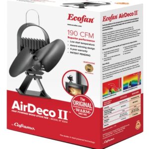 Ecofan® AirDeco II, Superior Performance Stove Fan, Heat Powered, Contemporary Style. Low Start Temperature, 190CFM Black Blade, Large-Sized