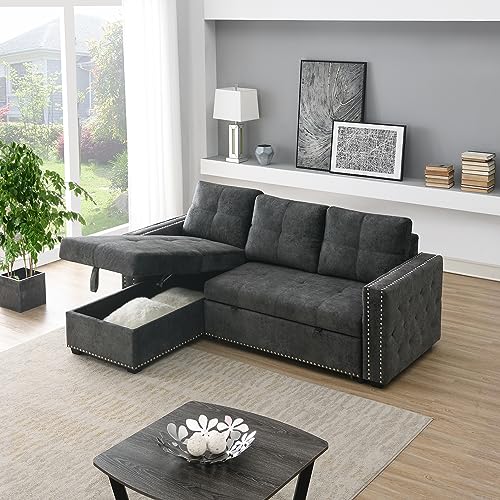 Morden Fort Sectional Sleeper Sofa with Pull Out Bed Storage, Queen Size 91 inches Sofa Bed, L-Shape Sectional Couch with Comfy Chaise Seat Sectional Sleeper Couch for Living Room, Black