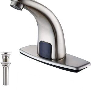 Automatic Sensor Touchless Bathroom Faucet Brushed Nickel Eletronic Motion Activated Hands-Free Include Pop Up Drain Overflow Lavatory Vanity Bath Sink Faucet,Touch-Free Solid Brass